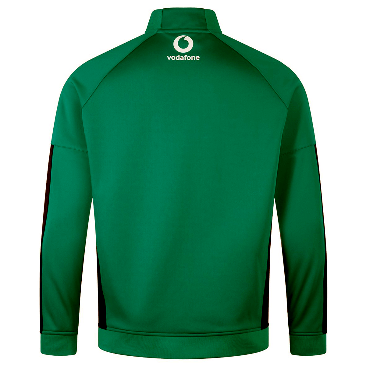 The Ireland 24 Travel Jacket by Canterbury is a durable, green sports jacket featuring long sleeves, black side panels, and a Vodafone logo on the back. Perfect for travel in Ireland.