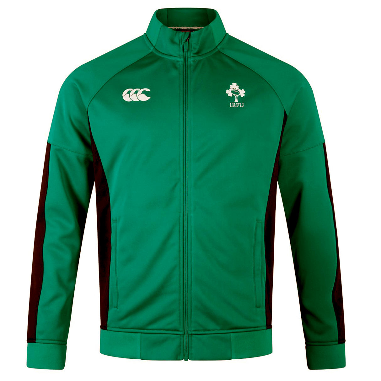The Ireland 24 Travel Jacket by Canterbury is a green sports jacket featuring a high collar, black accents, and two chest logos. Combining durability with style, it's ideal for your travels.