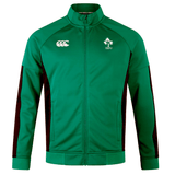 The Ireland 24 Travel Jacket by Canterbury is a green sports jacket featuring a high collar, black accents, and two chest logos. Combining durability with style, it's ideal for your travels.