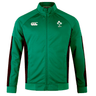 The Ireland 24 Travel Jacket by Canterbury is a green sports jacket featuring a high collar, black accents, and two chest logos. Combining durability with style, it's ideal for your travels.