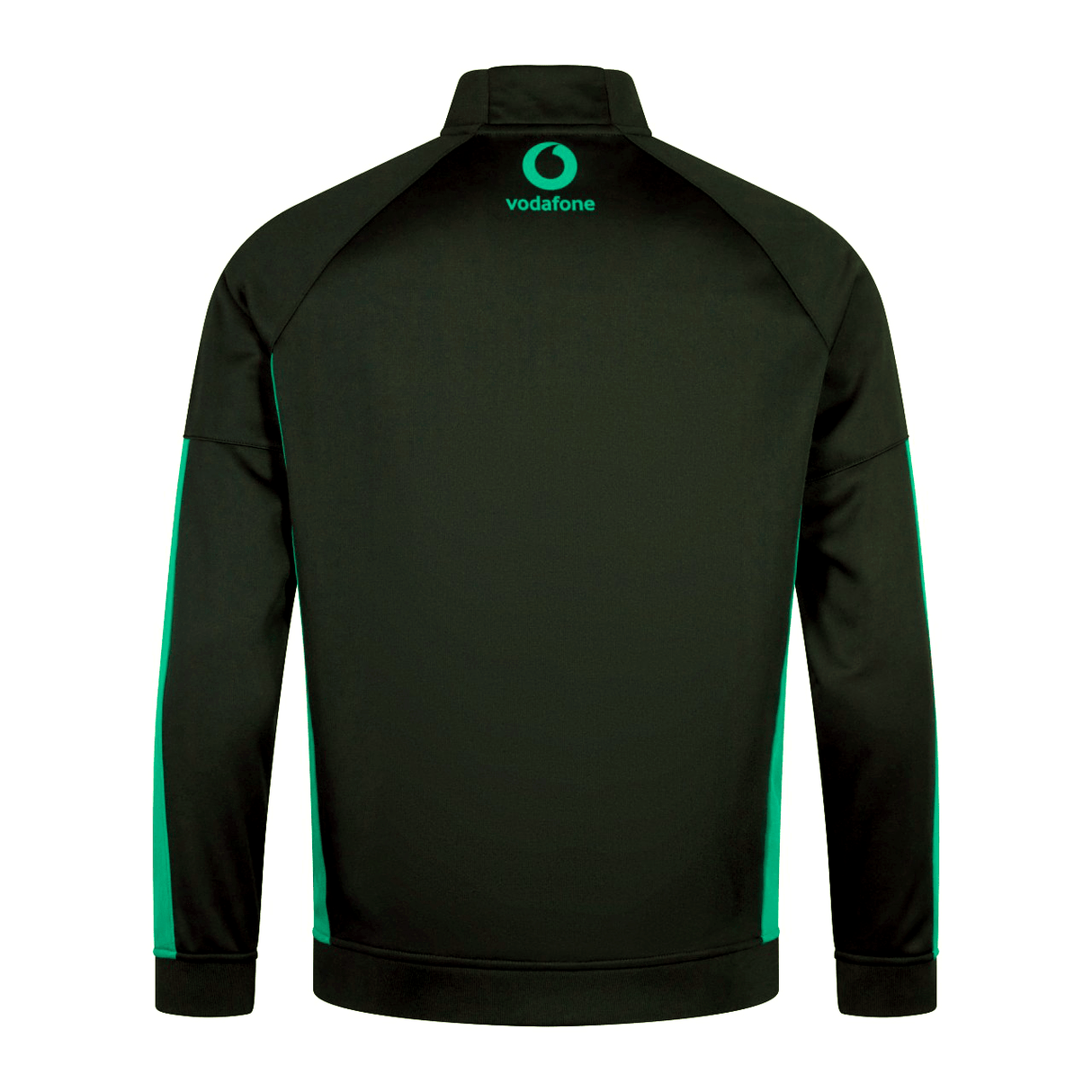 Back view of a black Ireland 24 Travel Jacket by Canterbury featuring teal accents and a "Vodafone" logo on the upper back, designed to offer both style and water resistance.
