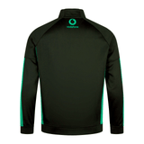Back view of a black Ireland 24 Travel Jacket by Canterbury featuring teal accents and a "Vodafone" logo on the upper back, designed to offer both style and water resistance.
