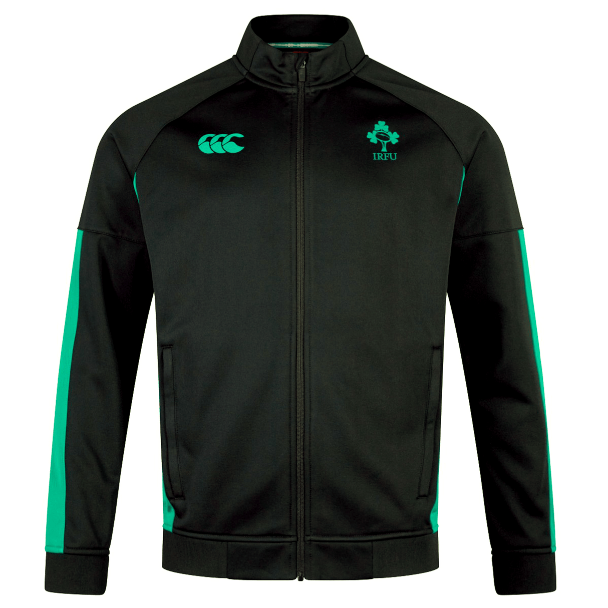 The Ireland 24 Travel Jacket by Canterbury is a black and green jacket featuring chest logos and a zip-up front. Designed for durability and water resistance, it’s perfect for any adventure.