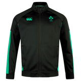 The Ireland 24 Travel Jacket by Canterbury is a black and green jacket featuring chest logos and a zip-up front. Designed for durability and water resistance, it’s perfect for any adventure.