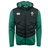 The Ireland 25/26 Hybrid Padded Jacket by Canterbury is a green and black hooded jacket with ThermoReg warmth, featuring the Canterbury logo on the right chest and IRFU crest on the left.