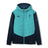 The Ireland 26 Hybrid Padded Jacket by Canterbury is a teal and navy zip-up hooded jacket featuring a quilted front, side pockets, and Canterbury logos on the chest and sleeve—ideal as a rugby training jacket for cooler days.