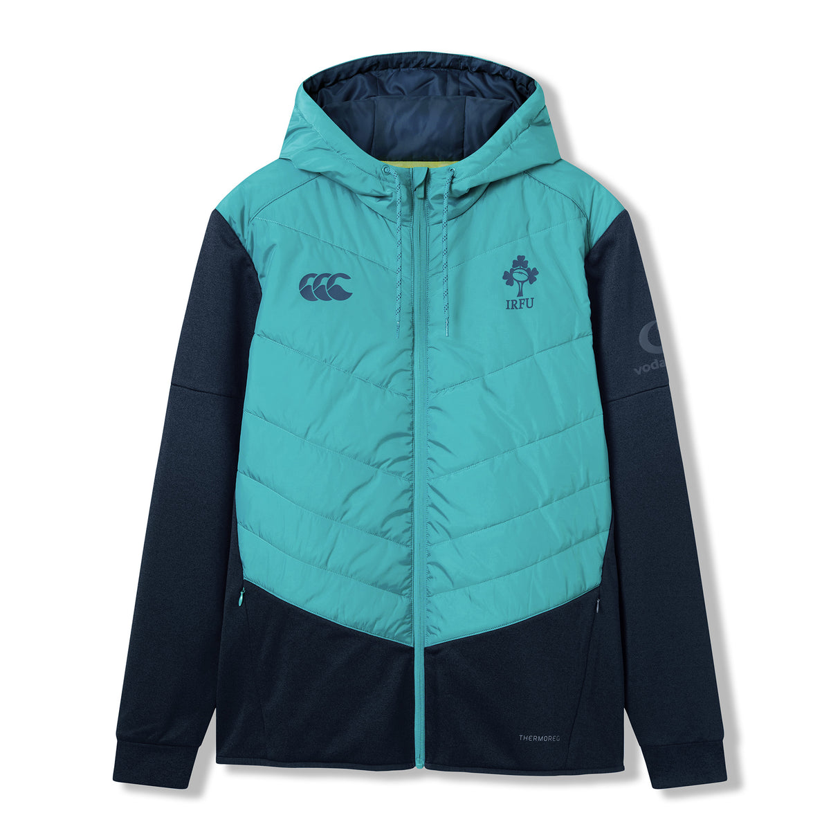 The Ireland 26 Hybrid Padded Jacket by Canterbury is a teal and navy zip-up hooded jacket featuring a quilted front, side pockets, and Canterbury logos on the chest and sleeve—ideal as a rugby training jacket for cooler days.