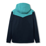 The Ireland 26 Hybrid Padded Jacket by Canterbury is shown from the back in navy blue, featuring a light blue hood and upper back section, long sleeves, and a straight hem—making it an ideal choice for rugby training that blends performance with style.