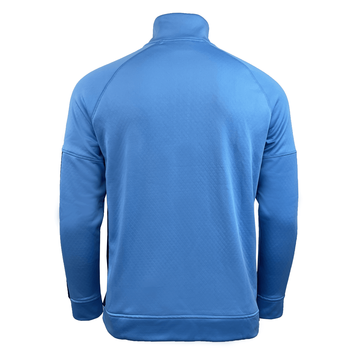 Back view of a long-sleeve, high-collar blue jacket with a plain design, featuring Canterbury's signature style and ThermoReg technology, akin to the Ireland Rugby 1/2 Zip Training Top by Canterbury.