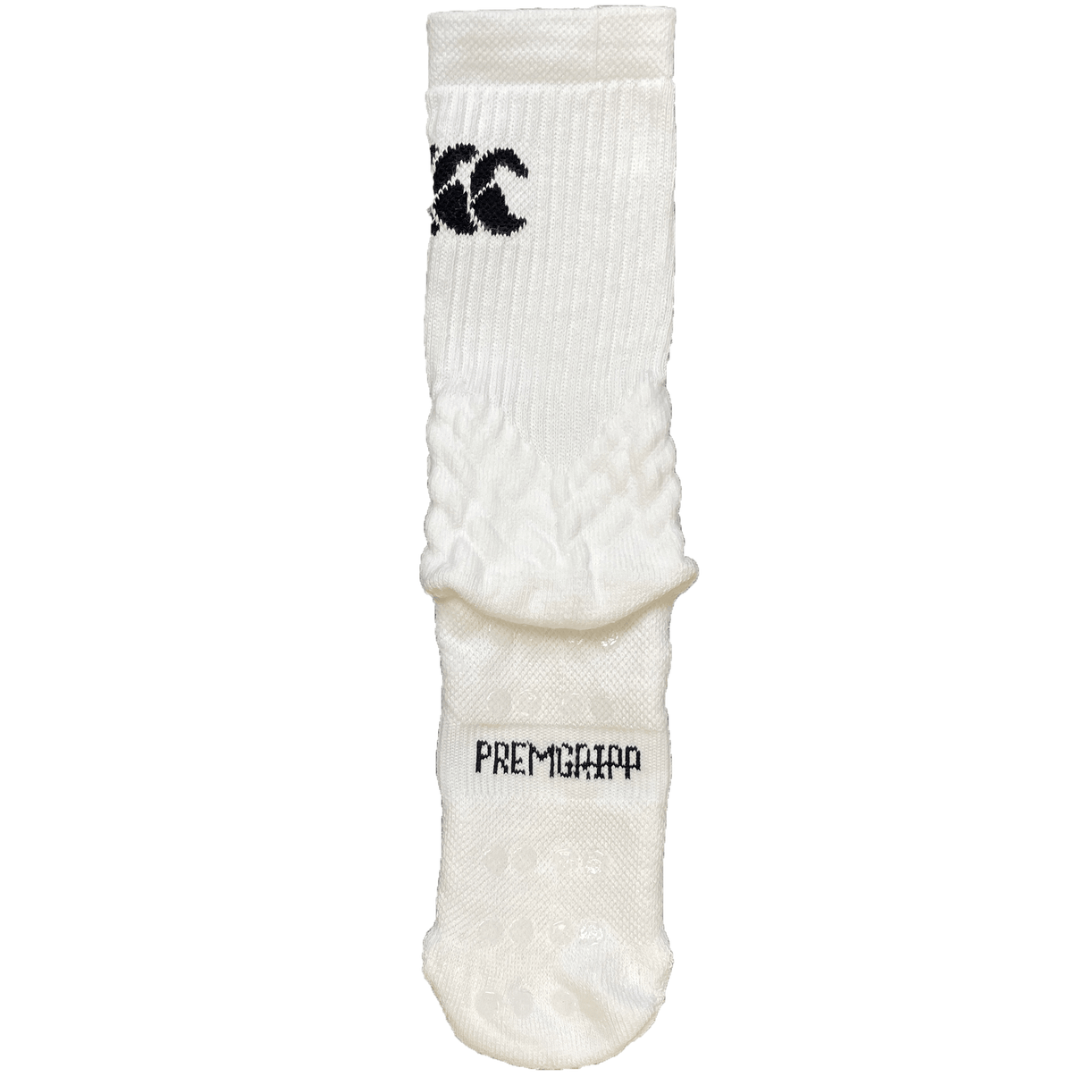 A single, white sports sock with black text that reads "Canterbury" near the toe and a logo near the cuff. The Canterbury Mid Calf Grip Sock features Premgripp technology with a ribbed texture and offers arch support for enhanced comfort.