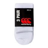 Three pairs of Canterbury 3 Pack Crew Socks, made from cotton rich fabric, size 6-10, packaged together with a black label featuring the CCC logo.