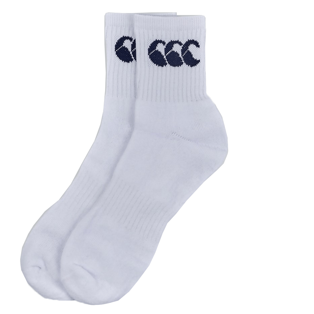 A pair of white Canterbury crew socks crafted from cotton rich fabric, with a blue CCC logo on the ribbed cuffs, displayed against a white background.