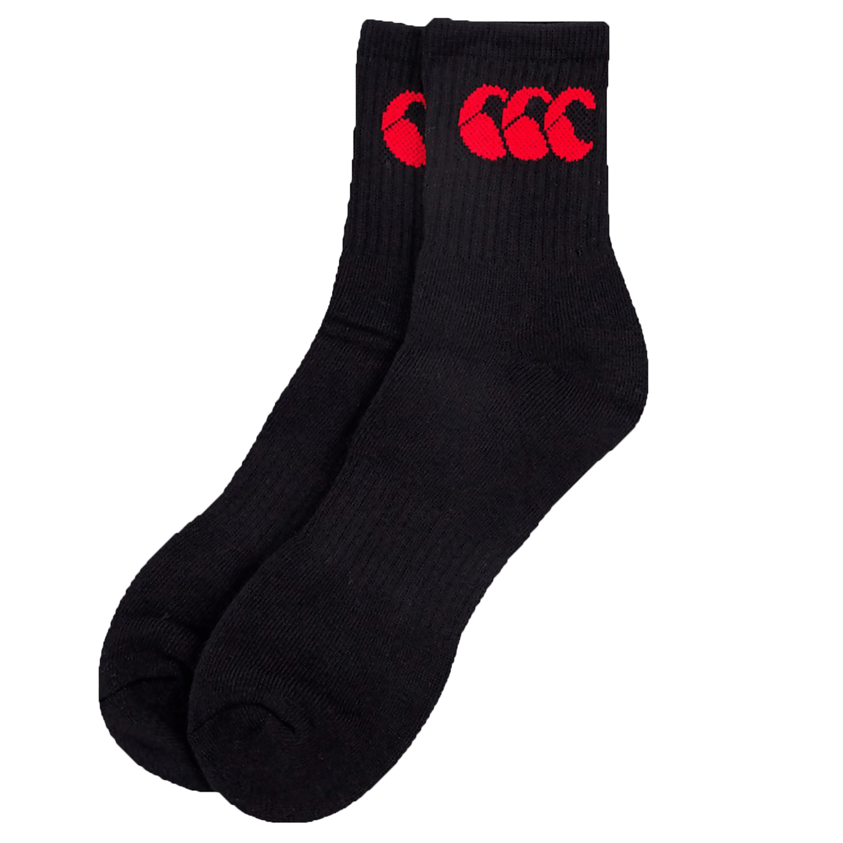 A pair of black Canterbury crew socks with three red ccc logos on the ribbed cuffs, crafted from cotton rich fabric, displayed against a white background.