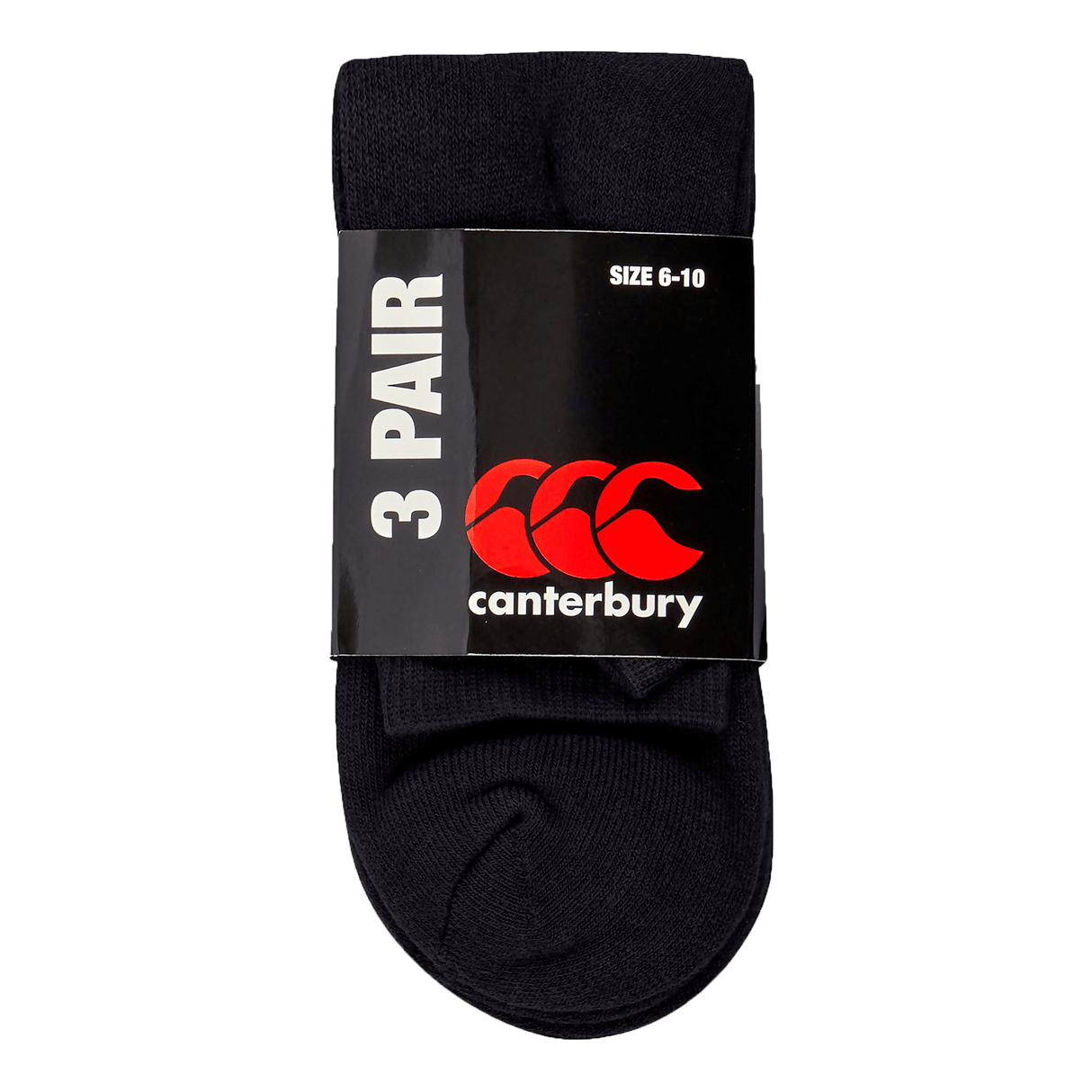 A Canterbury 3 Pack Crew Sock, size 6-10, with the brand logo displayed in red on a black label.