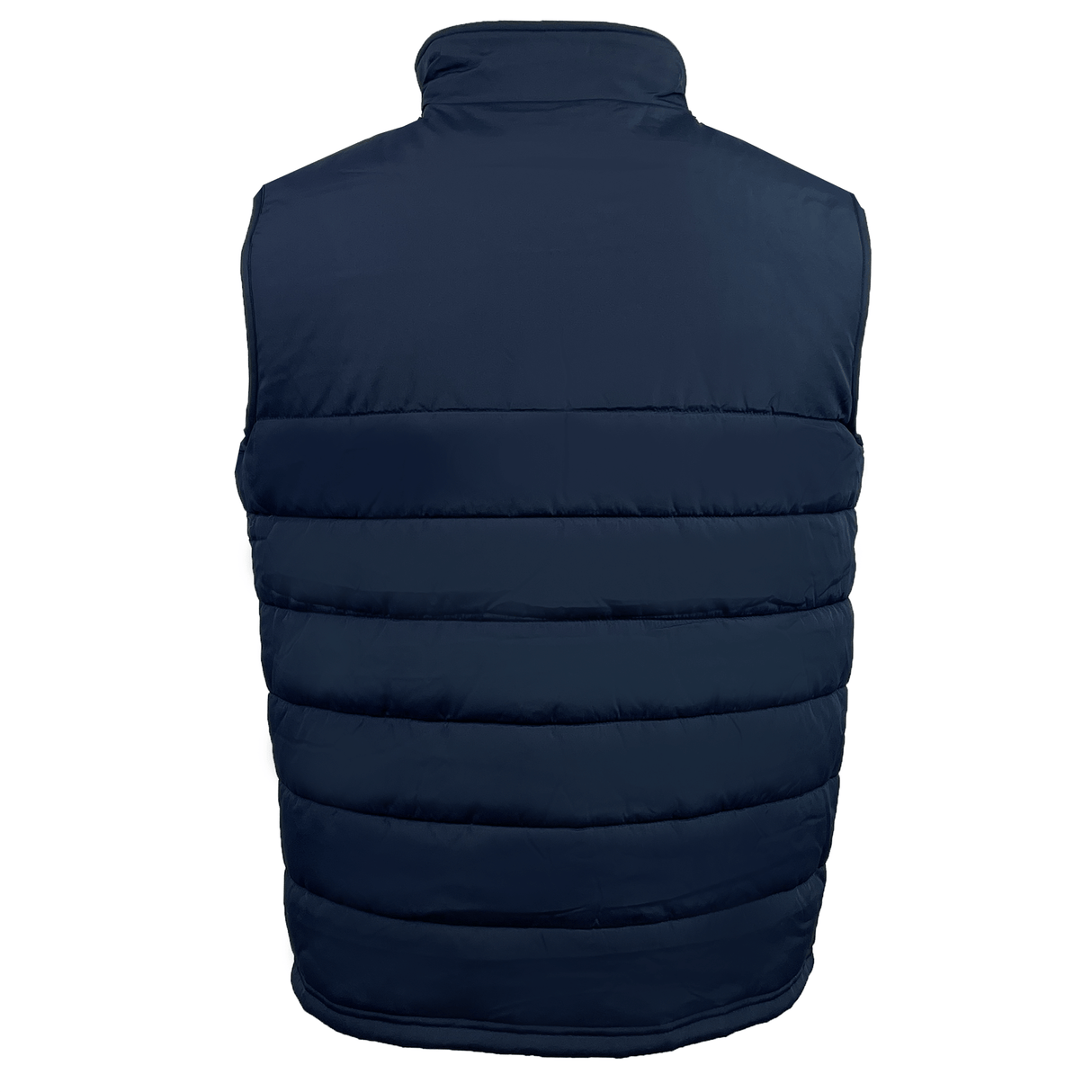 The EMB Canterbury France Shield Core Gilet in navy blue shows a rear view with horizontal quilted padding and a high collar, offering superior Thermoreg insulation.
