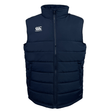 The Canterbury Core Gilet in navy blue features a front zipper and chest logo, enhanced with Thermoreg insulation for warmth and style.