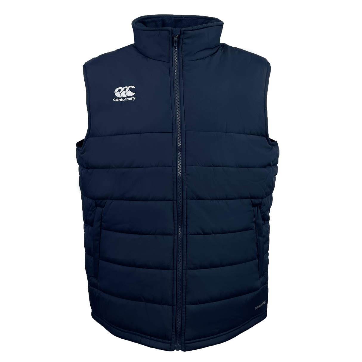 The Canterbury Core Gilet in navy blue features a front zipper and chest logo, enhanced with Thermoreg insulation for warmth and style.