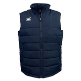 The Canterbury Core Gilet, in navy blue, features a full-zip design with the Canterbury logo on the chest and Thermoreg insulation for warmth.