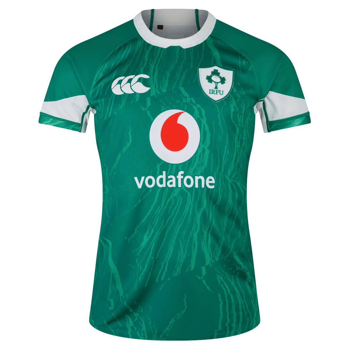 Green sports jersey with white and dark green detailing, featuring the "IRFU" logo, Vodafone logo, and Canterbury logo on the front. The Ireland 24 Home Test Jersey by Canterbury is crafted with VapoDri technology for a performance fit.