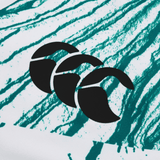 A black logo with three crescent shapes on a white background with green streaks, reminiscent of the Ireland 24 Alternate Test Jersey by Canterbury.