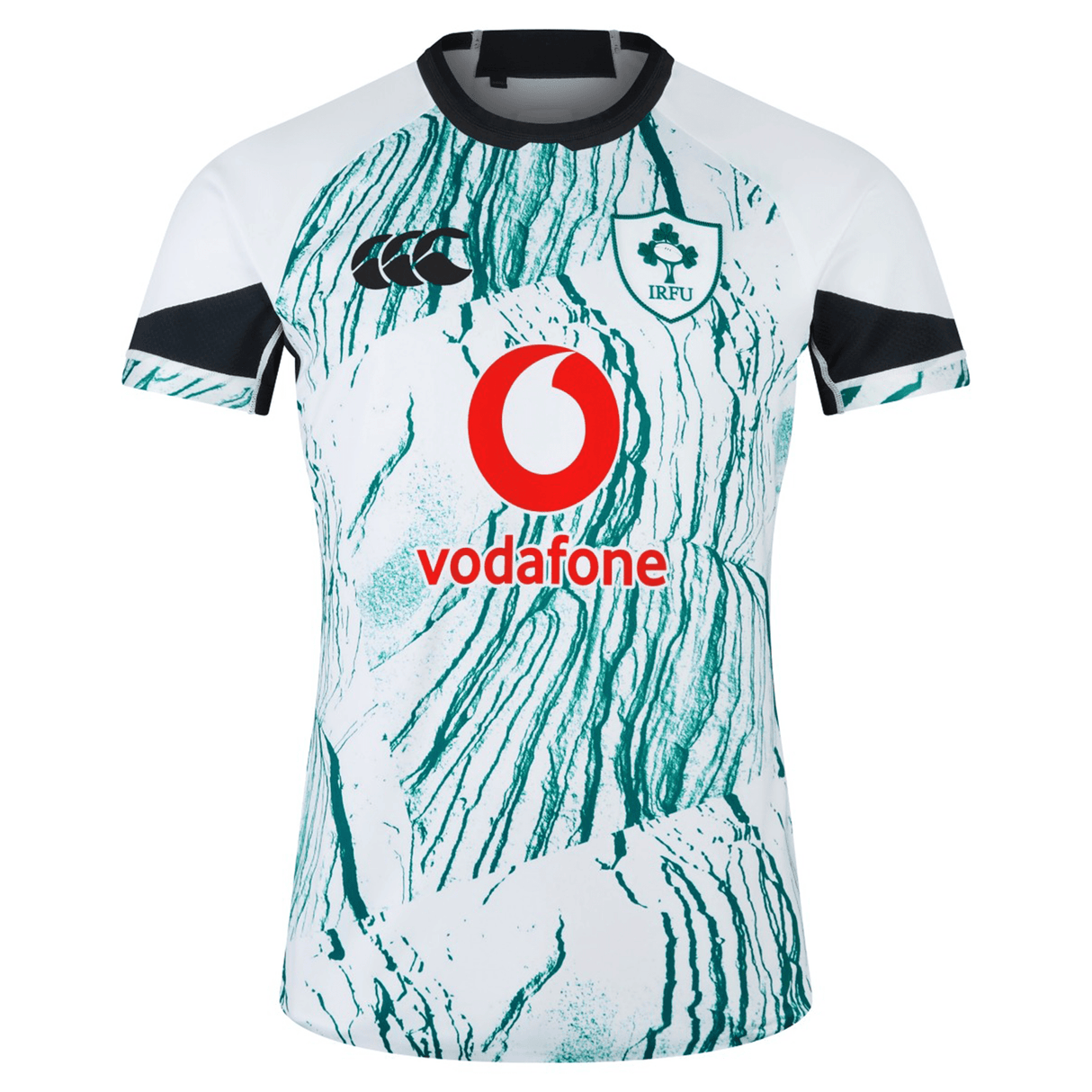 Front view of the Ireland 24 Alternate Test Jersey by Canterbury, highlighting a white rugby jersey with green marble-like patterns, prominently displaying the Vodafone logo in red and the IRFU crest on the left chest. Crafted from breathable material for comfort and equipped with a quick-drying feature for practicality.