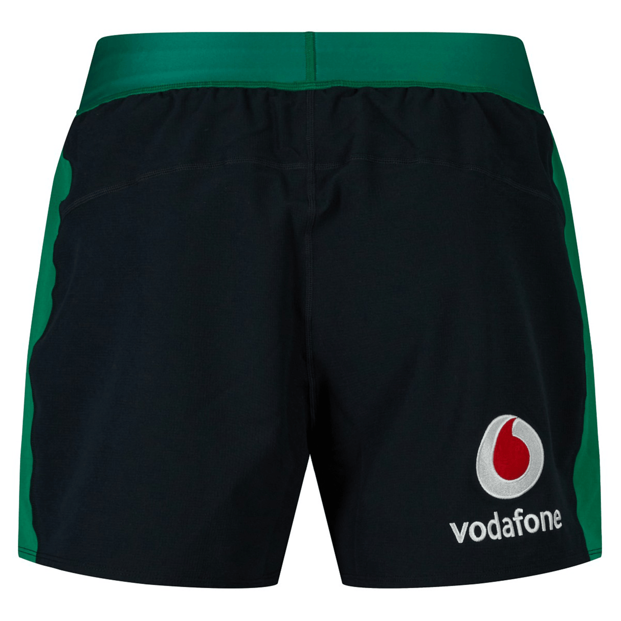 Introducing the Ireland 24 Alternate Match Short by Canterbury, a stylish pair of black and green sports shorts featuring the Vodafone logo embroidered on the back. Crafted with moisture-wicking fabric for ultimate comfort, these shorts are perfect for athletic performance.