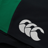 Close-up of the Ireland 24 Alternate Match Short by Canterbury, a black and green sports garment featuring a three-wave logo from Canterbury, crafted from durable stretch ripstop fabric.