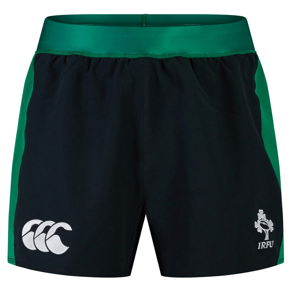 Ireland 24 Alternate Match Short by Canterbury featuring a dark green and black design with white logos, including the iconic Canterbury logo and the IRFU emblem, crafted from durable stretch ripstop fabric.