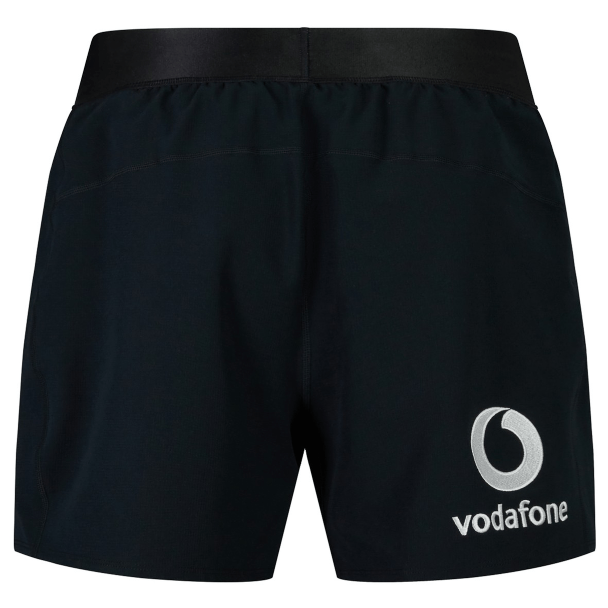 The Ireland 24 Training Short by Canterbury is a pair of black sports shorts prominently featuring the Vodafone logo on the lower right leg.