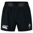 Just In: Ireland 24 Training Shorts by Canterbury, featuring the iconic Canterbury logo on the left and the Irish Rugby Football Union logo on the right. Get ready for action with these sleek black sports shorts!