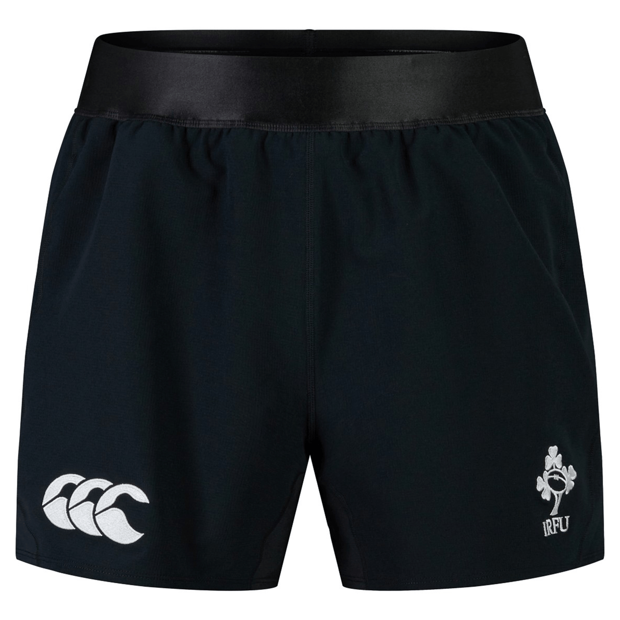 Just In: Ireland 24 Training Shorts by Canterbury, featuring the iconic Canterbury logo on the left and the Irish Rugby Football Union logo on the right. Get ready for action with these sleek black sports shorts!