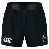 Just In: Ireland 24 Training Shorts by Canterbury, featuring the iconic Canterbury logo on the left and the Irish Rugby Football Union logo on the right. Get ready for action with these sleek black sports shorts!