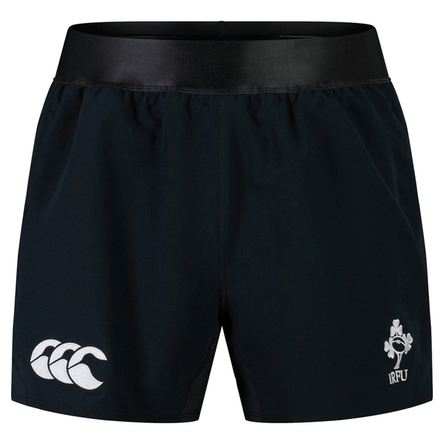 Just In: Ireland 24 Training Shorts by Canterbury, featuring the iconic Canterbury logo on the left and the Irish Rugby Football Union logo on the right. Get ready for action with these sleek black sports shorts!