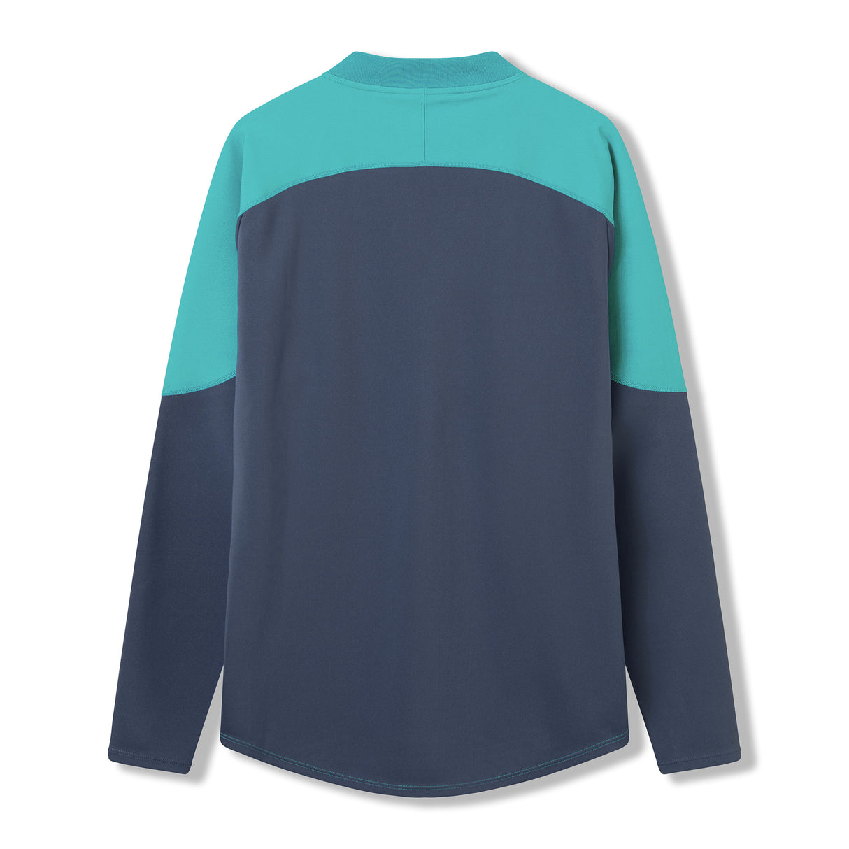 Showcasing the Ireland 26 Tech Drill Top by Canterbury, this long-sleeve pullover features a teal upper panel and dark blue lower section, viewed from the back—capturing the signature look of IRFU training wear and ideal for fans seeking authentic Canterbury style.