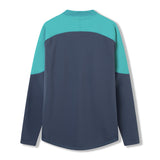 Showcasing the Ireland 26 Tech Drill Top by Canterbury, this long-sleeve pullover features a teal upper panel and dark blue lower section, viewed from the back—capturing the signature look of IRFU training wear and ideal for fans seeking authentic Canterbury style.