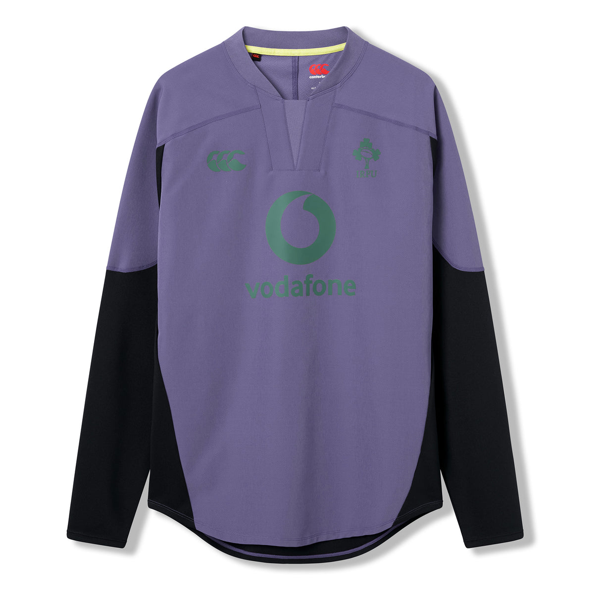 Upgrade your IRFU training wear collection with the Ireland 26 Tech Drill Top by Canterbury—a long-sleeve performance top in vibrant purple and black featuring the iconic green Vodafone logo, official Ireland rugby crest, and signature Canterbury branding on the chest.