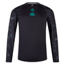 The Ireland 24 Superlight Long Sleeve Training T-Shirt by Canterbury is a black, long-sleeve athletic shirt with subtle sublimated sleeve graphics. It features both the IRFU and Canterbury logos on the chest. This breathable, quick-drying top ensures you stay cool and comfortable during intense workouts.