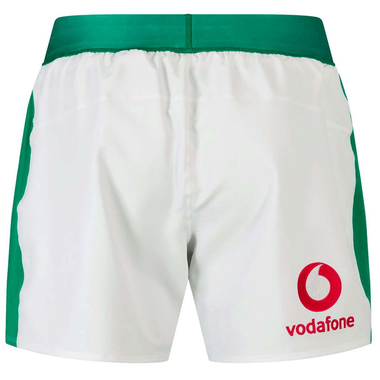 Junior Ireland 24 Home Match Shorts by Canterbury, crafted from moisture-wicking fabric for young athletes. Featuring the Vodafone logo on the back right side, these white and green rugby shorts are reminiscent of Ireland's iconic home match gear.