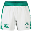 The Junior Ireland 24 Home Match Shorts by Canterbury, in white and green, feature the IRFU logo on the right and Canterbury's logo on the left. Designed for junior players, these shorts offer durable comfort with moisture-wicking fabric to keep you dry during intense gameplay.