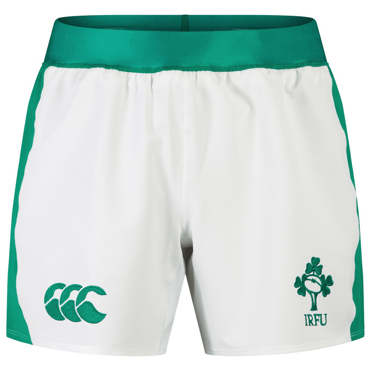 The Junior Ireland 24 Home Match Shorts by Canterbury, in white and green, feature the IRFU logo on the right and Canterbury's logo on the left. Designed for junior players, these shorts offer durable comfort with moisture-wicking fabric to keep you dry during intense gameplay.