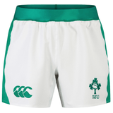 The Junior Ireland 24 Home Match Shorts by Canterbury, in white and green, feature the IRFU logo on the right and Canterbury's logo on the left. Designed for junior players, these shorts offer durable comfort with moisture-wicking fabric to keep you dry during intense gameplay.