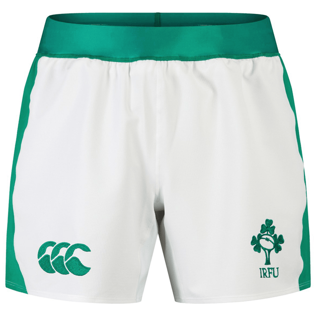 The Junior Ireland 24 Home Match Shorts by Canterbury, in white and green, feature the IRFU logo on the right and Canterbury's logo on the left. Designed for junior players, these shorts offer durable comfort with moisture-wicking fabric to keep you dry during intense gameplay.