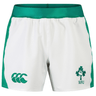 The Junior Ireland 24 Home Match Shorts by Canterbury, in white and green, feature the IRFU logo on the right and Canterbury's logo on the left. Designed for junior players, these shorts offer durable comfort with moisture-wicking fabric to keep you dry during intense gameplay.