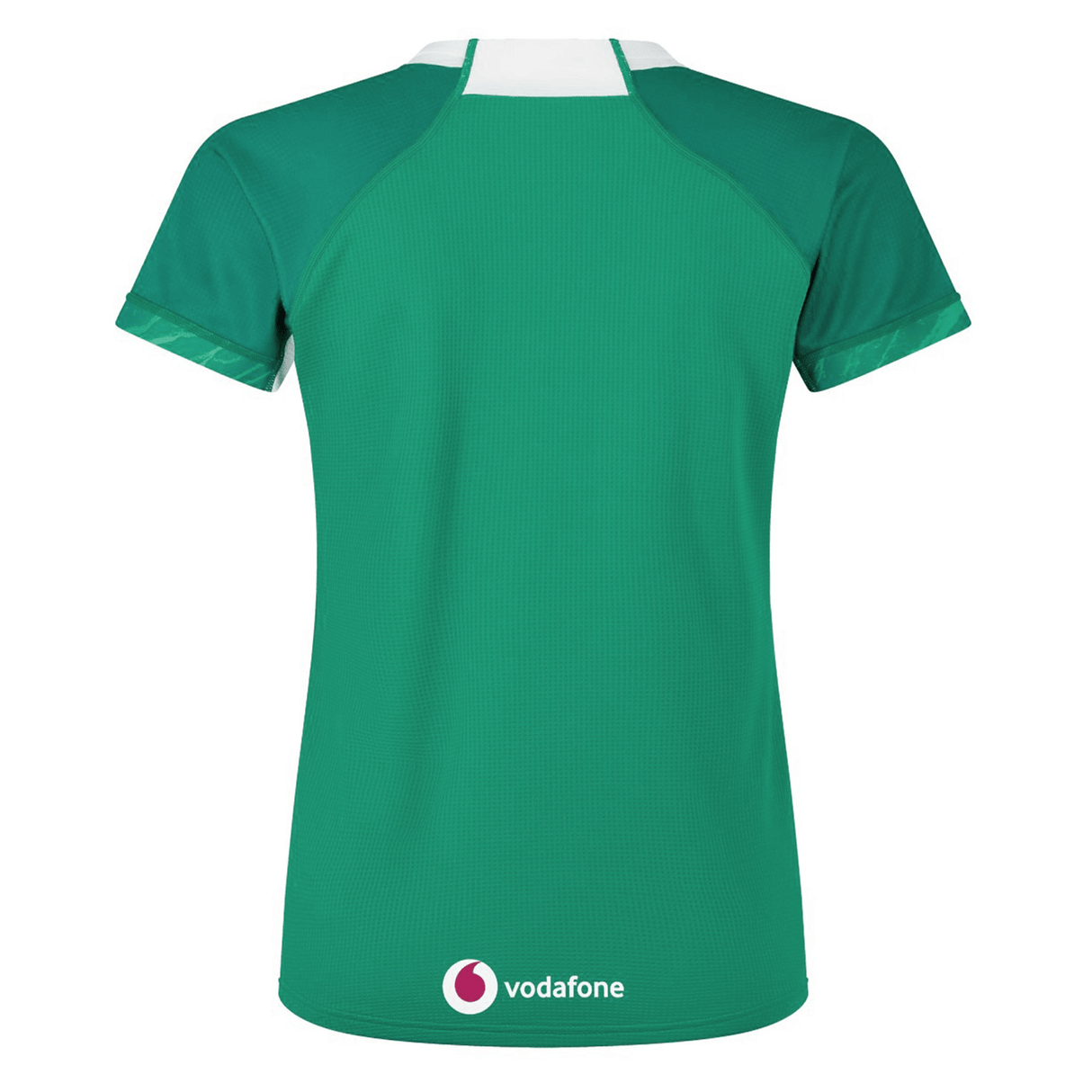The Women's Ireland WIRFU Home Pro Jersey by Canterbury in green has a sleek design, short sleeves, white collar trim, and Vodafone logo on the lower back. Featuring VapoDri technology, it displays the official IRFU crest.