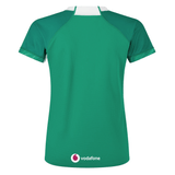 The Women's Ireland WIRFU Home Pro Jersey by Canterbury in green has a sleek design, short sleeves, white collar trim, and Vodafone logo on the lower back. Featuring VapoDri technology, it displays the official IRFU crest.