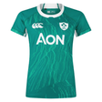 The Women's Ireland WIRFU Home Pro Jersey by Canterbury is a green rugby jersey with white trim, featuring the IRFU crest, AON sponsor logo, and CCC brand logo. Equipped with VapoDri technology, it keeps you cool and comfortable on and off the field.