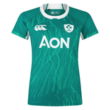 The Women's Ireland WIRFU Home Pro Jersey by Canterbury is a green rugby jersey with white trim, featuring the IRFU crest, AON sponsor logo, and CCC brand logo. Equipped with VapoDri technology, it keeps you cool and comfortable on and off the field.