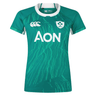 The Women's Ireland WIRFU Home Pro Jersey by Canterbury is a green rugby jersey with white trim, featuring the IRFU crest, AON sponsor logo, and CCC brand logo. Equipped with VapoDri technology, it keeps you cool and comfortable on and off the field.