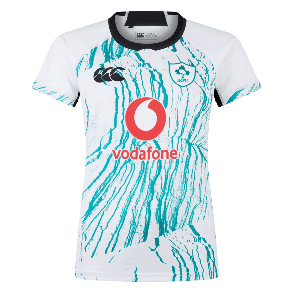The Women's Ireland 24 Alternate Pro Jersey by Canterbury features an abstract green pattern on a white and teal rugby jersey. It prominently displays the Vodafone, IRFU logos, and the IRFU Crest, combining style and tradition for fans.