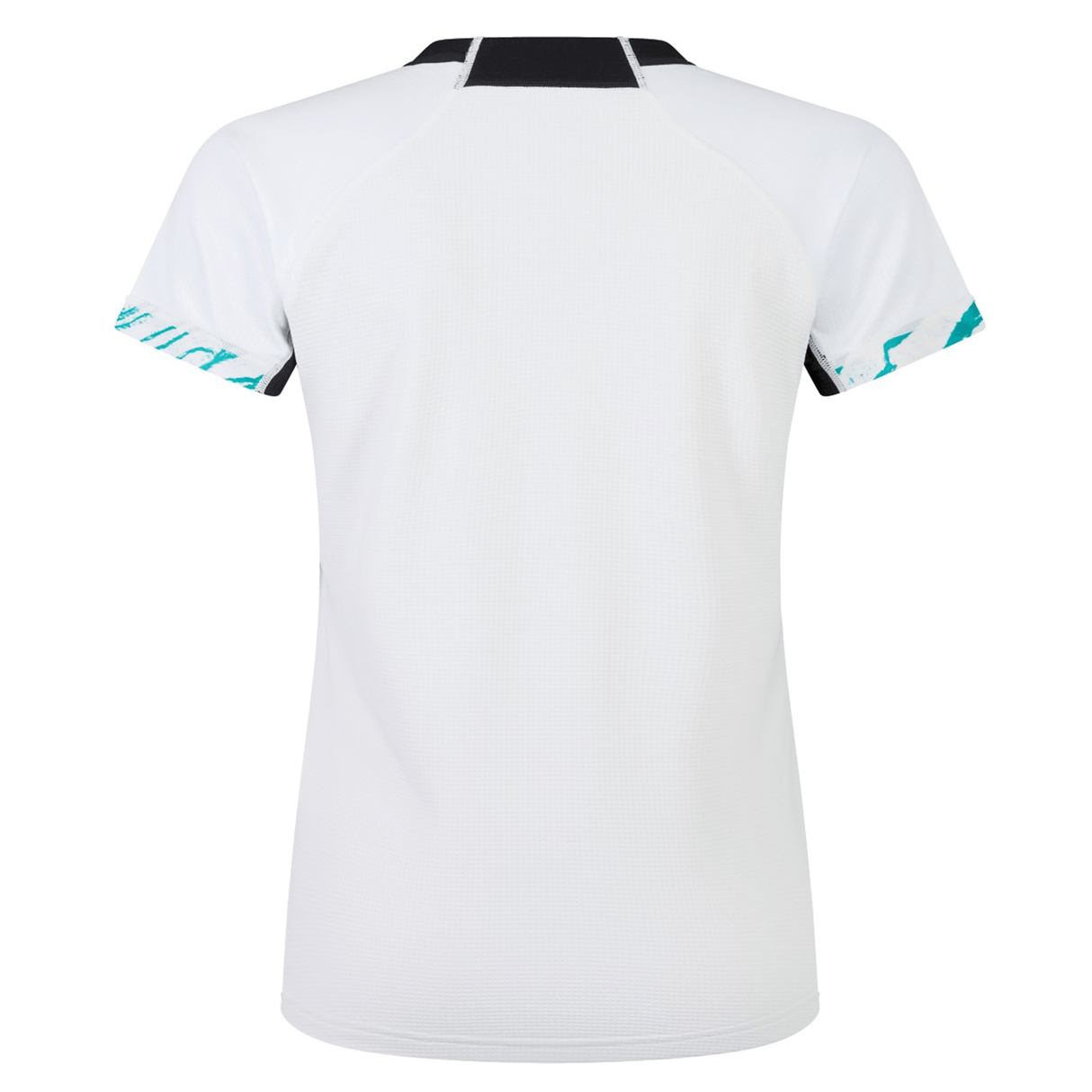 Back view of the Women's Ireland 24 Alternate Pro Jersey by Canterbury, a short-sleeved white sports jersey with black and teal accents on the sleeves and collar, featuring the IRFU Crest.